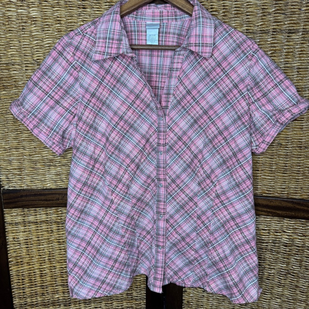 Y2K Fashion Bug Pink Plaid Button Up Shirt Metallic Stretch 18/20W Pearl Snaps